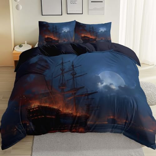 Bettwäsche Dunkelblau Bettbezug 155 cm X 220 cm 3Er Set Piraten Brennendes Segelboot Mondnacht Bedruckte Wendebettwäsche Und Kissenbezug 80X80 Weiche Mikrofaser Mit Reißverschluss
