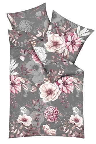 JACK by Kaeppel Fein Biber Bettwäsche 2 TLG. 135x200cm Gabriella Blumen Rosé Anthrazit Rosa Silber