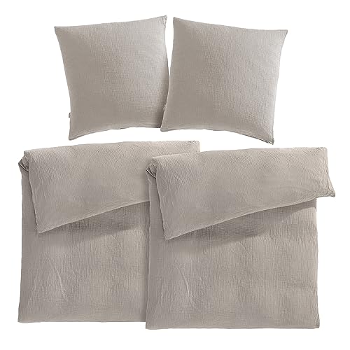 Pure Label Musselin Bettwäsche 135x200 4-teilig bestehend aus Bettbezug 135 x 200 cm 2er Set, Kissenbezug 80x80 cm 2er Set aus Baumwolle - Traumhaft kuschelige Bettwäsche-Sets in Taupe
