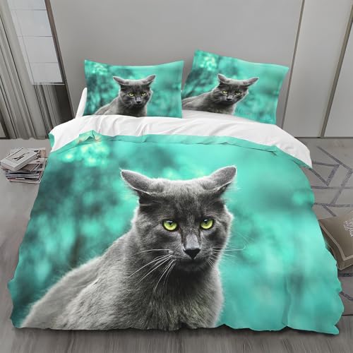 Bettbezug 200x200cmHaustiere Bettwäsche 200x200 3 teilig Blaue Katzen Wendebettwäsche und Kissenbezug 80x80 Weiche & Atmungsaktive Mikrofaser Bettwäsche-Sets mit ReißverschlussY16