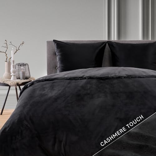 Blumtal Bettwäsche 135x200 cm im Cashmere-Touch - OEKO-TEX zertifizierter Bettdeckenbezug 135x200 + Kissenbezug 80x80 - extra weicher Bettbezug 135 x 200 Mikrofaser - warmes Bettwäsche Set in Schwarz