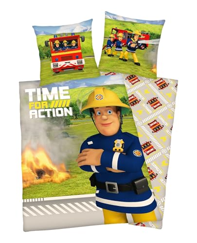 JACK Renforcé Kinder Wende Bettwäsche 2 TLG. 135x200cm Feuerwehrmann Sam Einsatz Feuerwehr Löschen Bunt