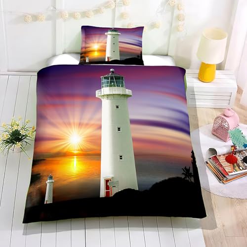 Hixingo Süße Kinder Bettwäsche-Sets aus Mikrofaser,3D Leuchtturm Druck Kuschelige Bettwäsche Sets - Bettbezug mit Reißverschluss und Kopfkissenbezug, 2 Teilig (Sonnenaufgang,140x200CM + 50x75CM)