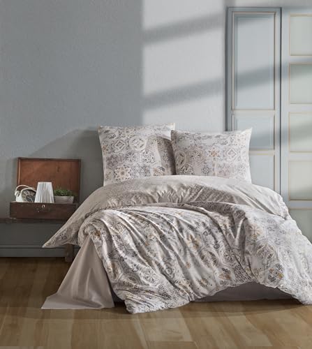 ZIRVEHOME Bettwäsche-Set 200x200 cm, 3-teilig, Baumwolle Renforcé, Beige/Grau - Bettbezug & Kissenbezug (80x80 cm), Geometrisches Design in Grau, Beige, Blau & Gelb, Mosaikmuster, Hernes