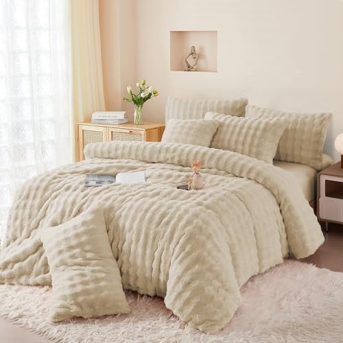 Boqingzhu Plüsch Bettwäsche 135x200cm Beige Uni Einfarbig Kuschelig Flauschig Warm Winter Flanell Fleece Wende Bettwäsche Set Kaninchen Kunstfell Bettbezug und Kissenbezug 80x80cm
