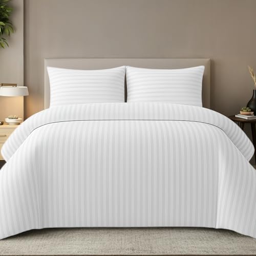 Pamposh Satin-Streifen-Bettwäsch e-Set, Premium-Hotelqualität, hypoallergen, ultraweiche Mikrofaser (Weiß, (1 x 220 x 240 cm) + (2 x Kissenbezug 80 x 80 cm))