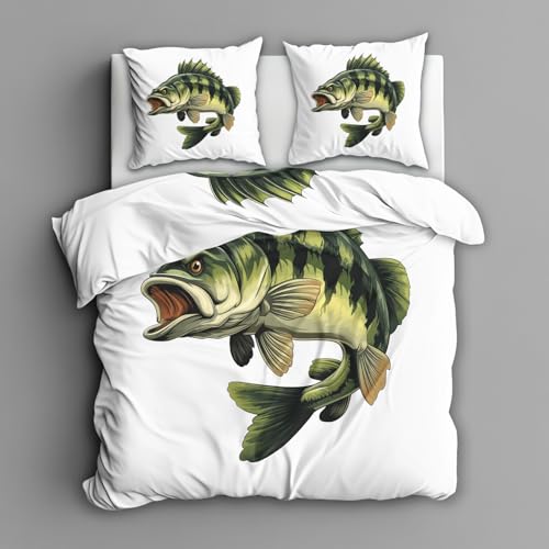 Generisch Barsch Fisch Bettwäsche 155x220 3tlg, 2 Kissenbezüge 80x80 - Angeln Design Wendebettwäsche, Weiche Mikrofaser Bettbezug mit Reißverschluss, Deko & Geschenke - Ued130