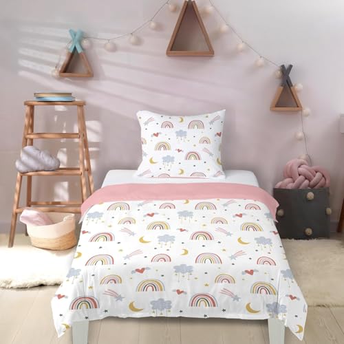 Yasida BettwäSche Regenbogen 140x200 Rosa Kinder Bunte Mikrofaser BettwäSche Mit Regenbogen, Wolken, Sternen, Monden, Herzen FüR MäDchen Einzelbettbezug Set Bettbezug 140x200 Und Kopfkissenbezug 65x65