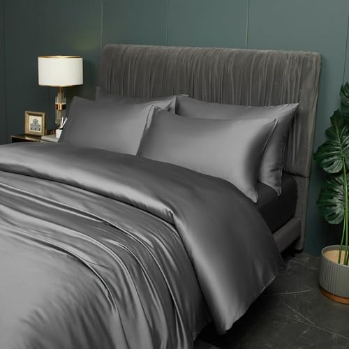 DXHOME Bettwäsche Sommer 200x200cm Grau Dunkelgrau Uni Glatt Bambus Bettwäsche-Set Kühlende Weiche Kuschelig und Atmungsaktiv Deckenbezug Luxus Bettbezug mit Reißverschluss und 2 Kissenbezüge 80x80cm