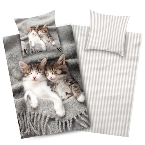 Aminata kids Mikrofaser Bettwäsche Katze 135x200 Mädchen Jugendliche mit Reißverschluss - Bügelfrei - vorteilhaft für Allergiker - Kätzchen - grau gestreift Aminata kids Mikrofaser Bettwäsche Katze 135x200 Mädchen Jugendliche mit Reißverschluss - Bügelfrei - vorteilhaft für Allergiker - Kätzchen - grau gestreift