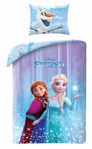 Halantex Disney Frozen Kinder Bettwäsche Eiskönigin Anna & ELSA - Bettwäsche-Set 140 x 200 cm + Kissenbezug 70 x 90 cm - 100% Baumwolle