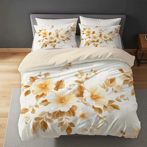 Minimalistisch Bettwäsche H 200 x B 200cm - Retro Elegant Blumen Bettwäsche-Sets 3-teilig - Weiche Mikrofaser Bettbezug mit Reißverschluss + 2 Kissenbezüge, Paare, Erwachsene, Beige Braun