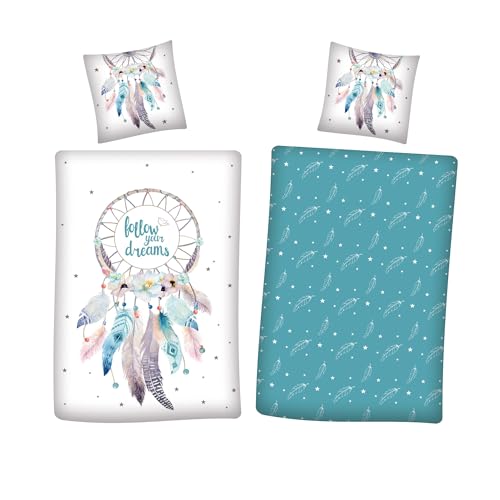 Traumfänger Bettwäsche Set 2-teilig Renforcé - Wendebettwäsche Türkis aus 100% Baumwolle - Deckenbezug 135x200 und Kissenbezug 80x80 cm mit Reißverschluss - kuschelig weich, Ökotex zertifiziert Traumfänger Bettwäsche Set 2-teilig Renforcé - Wendebettwäsche Türkis aus 100% Baumwolle - Deckenbezug 135x200 und Kissenbezug 80x80 cm mit Reißverschluss - kuschelig weich, Ökotex zertifiziert