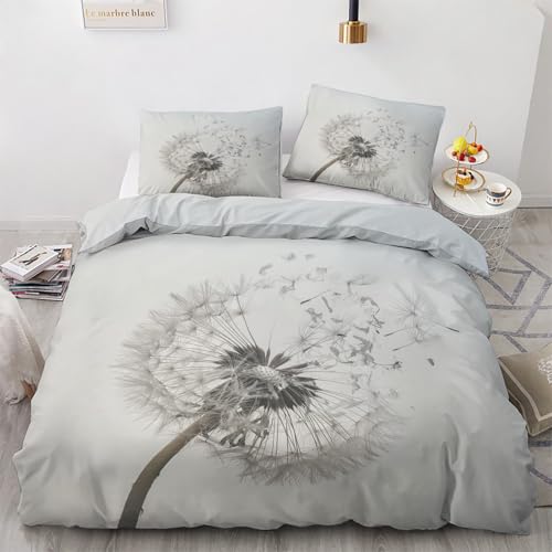 Traulpex Löwenzahn Pflanzen Bettwäsche 135x200cm 3 teilig, Modern Minimalistisch Bettbezug mit Reißverschluss, Weich & Bügelfrei, Pusteblume Bettwäsche Set Microfaser mit 2 Kissenbezug 80x80 cm