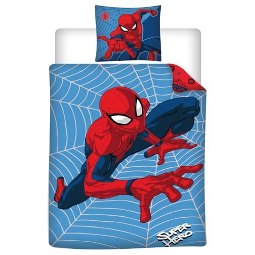Marvel Spiderman Super Hero 100% Baumwolle Kinderbettwäsche-Set 135x200 cm Einzelbettgröße - Bettbezug + Kissenbezug 80x80 cm