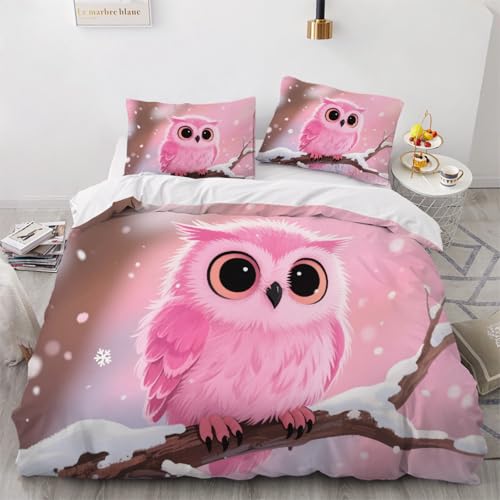 Rosa Schneeflocken Bettwäsche 200×200cm Cartoon-Eule Bettwäsche-Set Weiche Microfaser Bettbezug mit Reißverschluss und 2 Kissenbezug 80x80cm