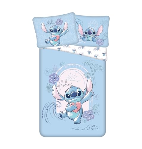 Lilo & Stitch Wave-Bettwäsche-Set, 100 % Baumwolle, weich und atmungsaktiv, Bettbezug und Kissenbezug, Einzelbett, 140 x 200 cm + 70 x 90 cm, lustiges Disney-Stich-Design für Kinder, Jugendliche und