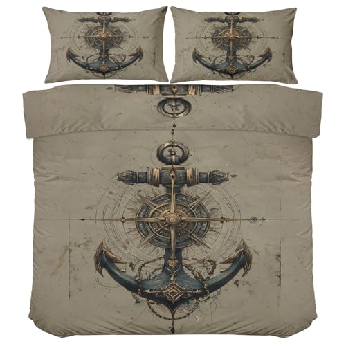 Generisch Nautisch Kompass Anker-Motiv Bettwäsche, Retro Nautischer Bettwäsche-Set 100x135, Wende Bettbezug 2 Teilig mit Reißverschluss, Weiche Mikrofaser Trösterbezug mit 1 Kissenbezug 40x60 Mu744