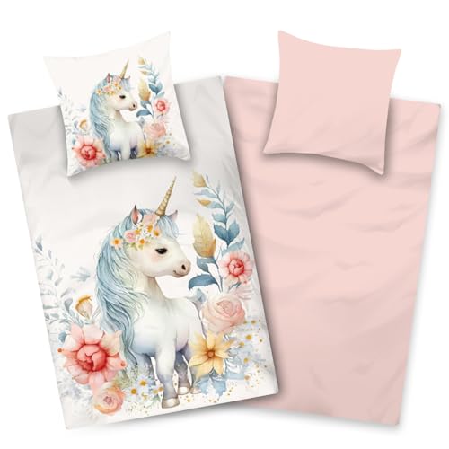 Aminata kids Bettwäsche Einhorn 135x200 Mädchen Jugendliche mit Reißverschluss - Mikrofaser - Bügelfrei - vorteilhaft für Allergiker - rosa weiß mit Blumen
