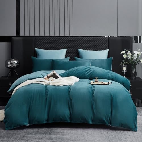 Gezu Winter Bettwäsche Plüsch 135x200cm Petrol Blau Kaschmir Flanell Cashmere Touch Samt Warmer Wendefleece Bettbezug Set 135 x 200 mit 2 Kissenbezug 80x80 mit Reißverschlusscm