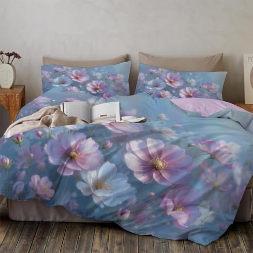 Bettwäsche-Set 200 X 200 Cm, 3 -Teilig, Verträumte Aquarellblumen Natürlicher Landhausstil, 1 Bettbezüge 200 X 200 Cm + 2 Kissenbezüge 80 X 80 Cm, Bettwäsche-Set Aus Mikrofaser Mit Reißverschluss