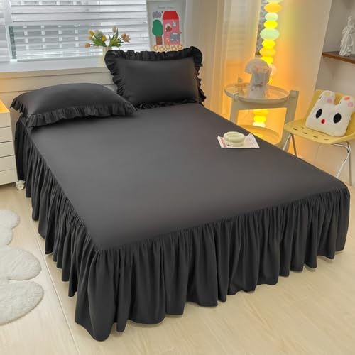 Highdi Betthusse Bettrock Bettvolant, Elastische Bettwäsche mit Rüschen Rüschen Bettwäsche mit Plattform, Bed Skirt Bettrock Umwickeln mit Elastischem Gürtel (140x200cm,Schwarz)