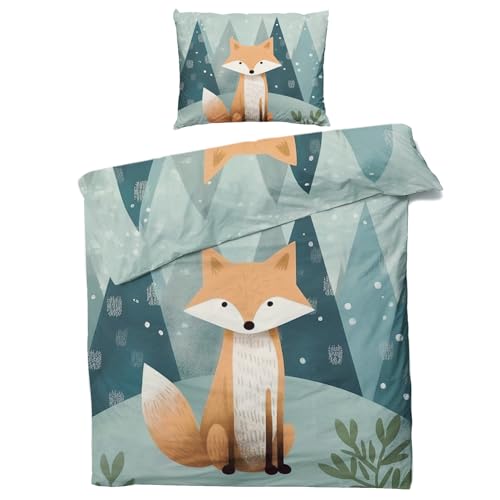 Generisch Sommer Bettwäsche 135x200 Fuchs Kinder - Waldtiere Bettbezug 135 x 200 2er Set, Weiche & Angenehme Mikrofaser Bettbezüge & Kissenbezug 80x80, Bettwäsche-Sets mit Reißverschluss W&-14