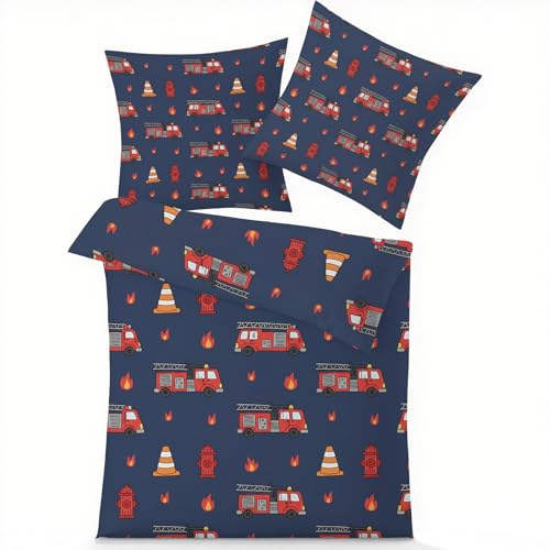 GEDAEUBA Feuerwehrauto Bettwäsche 155x220 - Kinder Feuerwehrmann Bettbezug, Wendebettwäsche und Kissenbezug 80x80, Weiche & Angenehme Mikrofaser Bettwäsche-Sets mit Reißverschluss