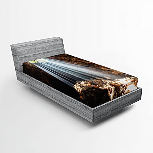 ABAKUHAUS Natur Spannbetttuch, Sunbeams auf natürliche Höhle, Soft Dekorativer Stoff Bettwäsche Rund-um Elastischer Gummizug, 90 cm x 190 cm, Braun und Beige