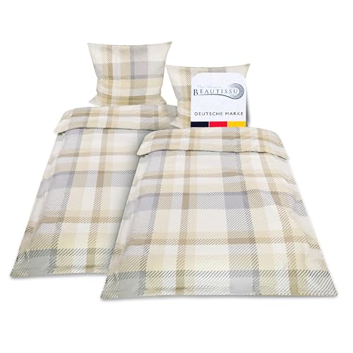 Beautissu Biber Bettwäsche 135x200 cm 4teilig Mira – Warme Flanell Winterbettwäsche Biberbettwäsche Bettbezug & Kissenbezug 80x80 cm, Warme Feinbiber Bettwäsche 135x200 Bettwäsche-Sets Beige