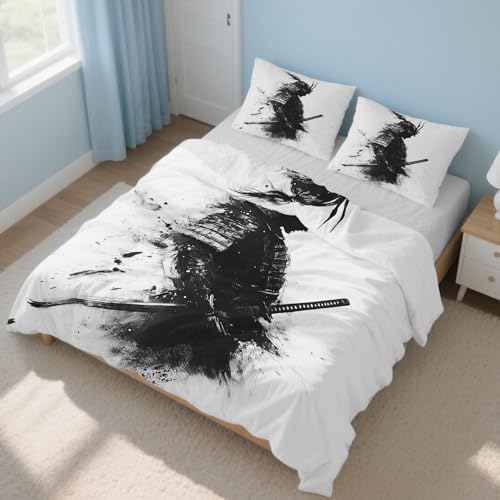 Generisch Japanischer Samurai Bettwäsche 135x200cm, Orientalisch Asiatisch Bettwäsche-Sets 2 Teilig, Bettbezug + 1 Kissenbezüge 80x80cm Weich Mikrofaser mit Reißverschluss 21D&-57