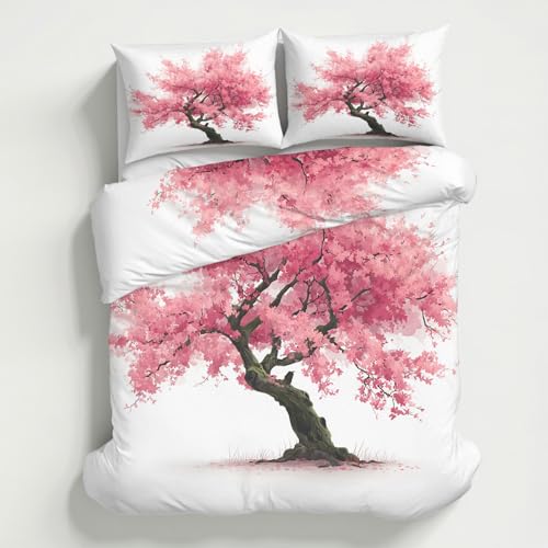 Generisch Bettwäsche 180x200 Kirschblüten Bettwäsche Set, Kuschelige Microfaser Orientalisch Japanischer Stil Wendebettwäsche und 2 Kissenbezüge 80 x 80 mit Reißverschluss LGS22sL