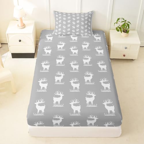 Kawaii Elch Einbaublech M Größe Hübsche weiße Elk Deer Silhouette Bettdeckung 2pcs Weihnachten Retro ländlichen Bauernhaus Stil Bettwäsche Set für Kinder