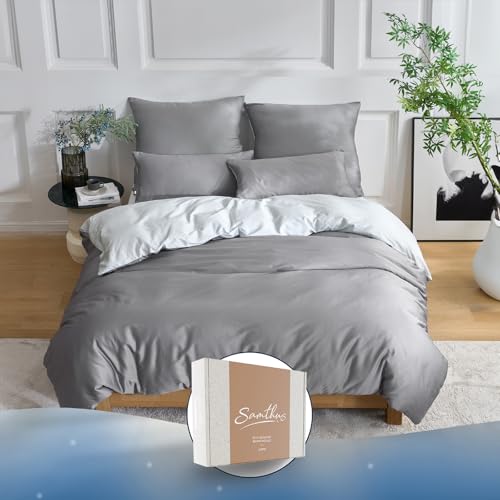 Samthus Bettwäsche 135x200 Baumwolle Satin Wendebettwäsche - Oeko-Tex Made In Green - Himmlisch weicher Schlaf - Bettwäsche Set mit 1x Bettbezug 135x200 + 1x Kissenbezug 80x80 - Hellgrau/Grau