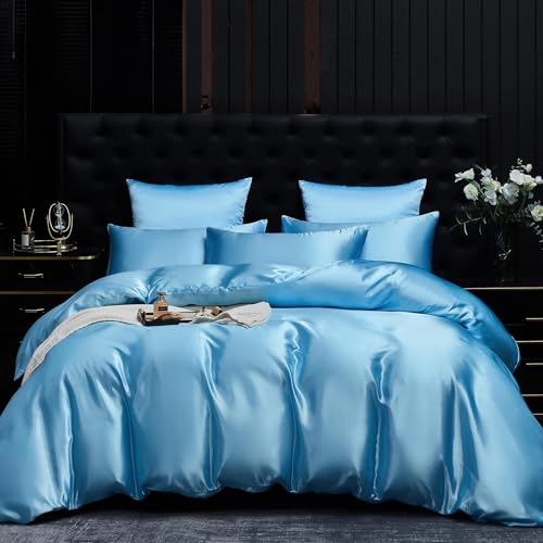 YASMENG Satin Bettwäsche 200x200 Hellblau Uni Einfarbig Satin Bettwäsche Glänzend Glatt Deluxe Bettbezug Set Weich Seidig Seide Bettwäsche 3 Teilig mit Reißverschluss und 2 Kissenbezüge 80x80 cm