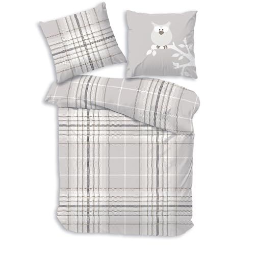 LINKHOFF Kinderbettwäsche 135x200 80x80 2tlg - Eulenmotiv Kariert für Mädchen und Jungen - Biber Bettwäsche Creme Sand aus 100% Baumwolle - Winterbettwäsche schlicht Bettwäsche-Eule