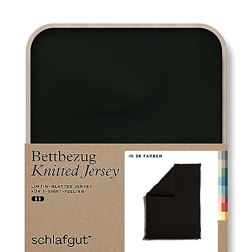 schlafgut Knitted Jersey Bettwäsche 135x200cm Bettdecke Bezug einzeln, Multicolor Uni, weich und faltenfrei mit Elasthan (Off-Black, 155x220)