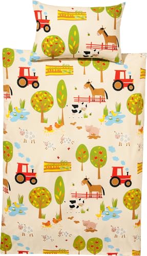 Erwin Müller Kinder-Bettwäsche - mit Reißverschluss - Biber - hautsympathisch - Bauernhof - Natur/grün - 100x135 cm (40x60 cm) - 100% Baumwolle