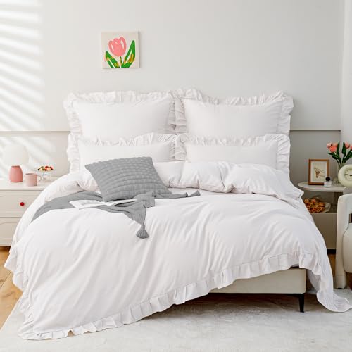 TOCOMOA Rüschen Bettwäsche 135x200 Mädchen, Bettwäsche-Sets aus 120g Mikrofaser, Öko-Tex Zertifiziert, Weich Weiß Bettbezug mit Reißverschluss, Kopfkissenbezug 80x80cm