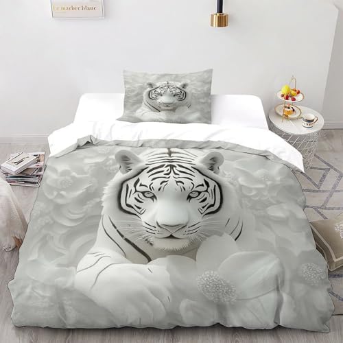 VulcanTrade White Tiger Blumes 3D-Druck Atmungsfähig Bettwäsche Bettbezug-Set 2 Stücke Soft & Durable Microfiber Mit Kissenbezüge Mit Reißverschluss Für Erwachsene & Kinder Single?135x200cm?