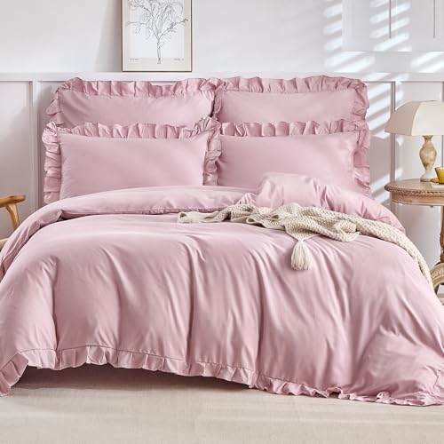 Lekesky Rüschen Rosa Bettwäsche 200x220 cm 3 Teilig Mädchen Mikrofaser Bettwäsche Blumen mit Reißverschluss mit Kopfkissenbezüge 80x80 cm