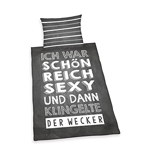 Herding Sprüche Bettwäsche-Set, Kopfkissenbezug 70 x 90 cm, Bettbezug 140 x 200 cm, mit leichtläufigem Reißverschluss, Baumwolle/Renforcé, Grau / Weiß