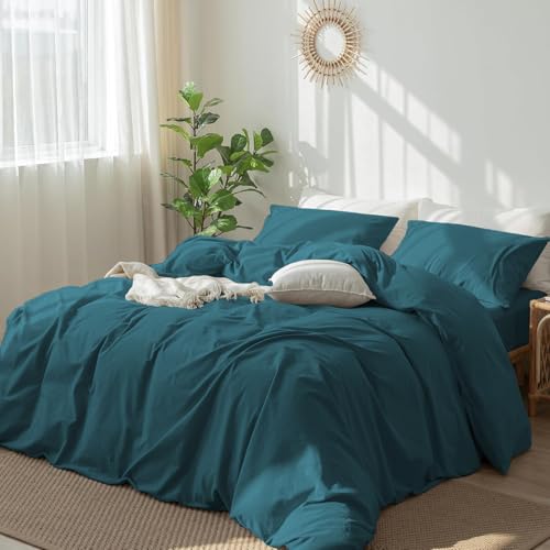 DXHOME Baumwolle Bettwäsche 155x220 Uni Türkis Grün Bettbezug Set Weich Kuschelig Einfach Schlicht Weich Baumwolle Bettwäsche für Einzelbett mit Reißverschluss und 2 Kissenbezüge 80x80 cm