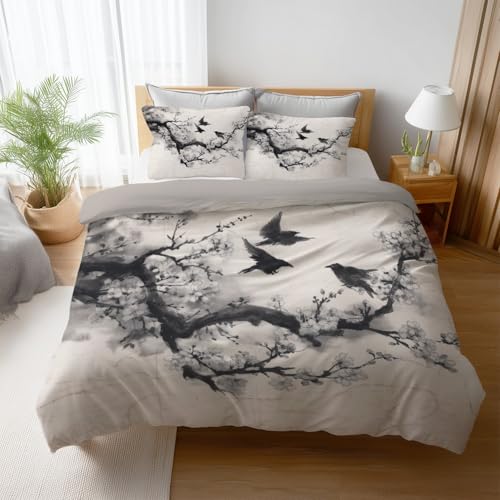Orientalisch Blumen Krähe, 3 - teilig Wende bettwäsche Premium Qualitãt Grau Aus Mikrofase - Deckenbezug(180 x 200) Mit Reißverschluss - Kuschelig Weich & Bügelfrei