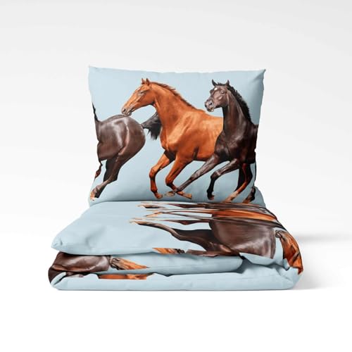 Cotton Market Bettwäsche Set 135x200 cm mit Kissenbezug Baumwoll - Bettwäsche-Sets 2 Teilig - Bettbezug und 1 Kissenbezug 70x80 cm - Pferde