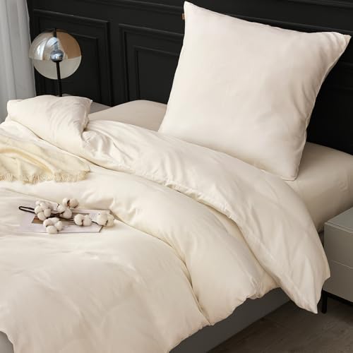 SAPHREAS Bettwäsche 135x200 100% Gewaschene Baumwolle 2teilig, Bettwäsche Sets mit Reißverschluss & 8 Schlaufen, Oeko-Tex Zertifiziert Bettbezug für Allergiker, Cremeweiß(Ohne Bettdecken)