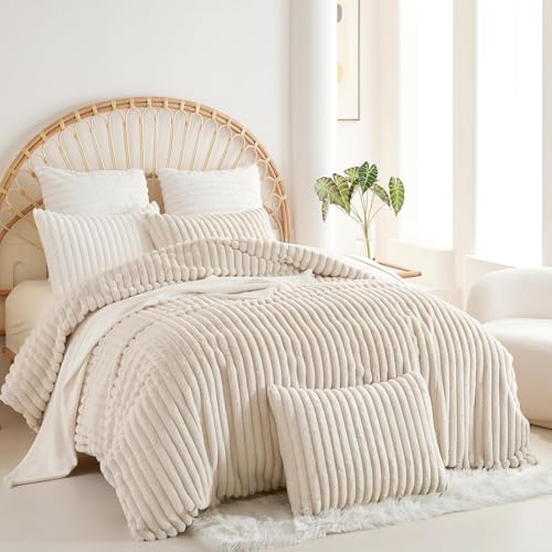 Covebett Plüsch Bettwäsche 140x200 Beige Uni Winter Warm Shaggy Cashmere Touch Streifen Plüschbettwäsche Set Flauschig Luxus Felloptik Wende Bettbezug Reißverschluss und Kissenbezug 70x90 cm
