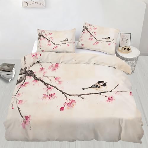 Bettwäsche-Set für Super-Kingsize-Betten mit Vögeln, Pflaumenblüten, weiche Mikrofaser, orientalische Tuschemalerei, Bettwäsche-Set für Doppelbett mit 2 Kissenbezügen, sehr bequemer Bettbezug mit