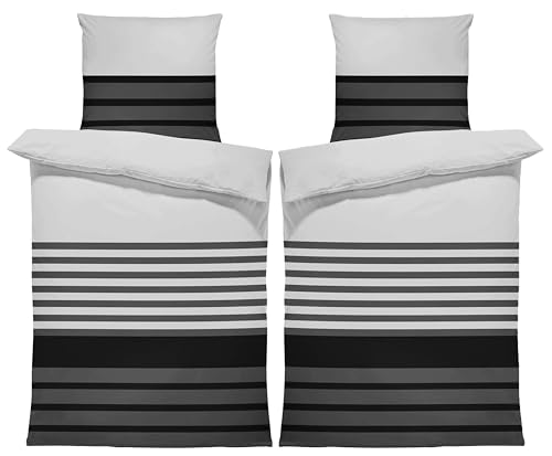 one-home 4 teilig Bettwäsche 135x200 cm gestreift grau Biber Winter Flanell Baumwolle