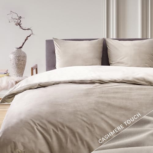 Blumtal Bettwäsche 155x220 cm im Cashmere-Touch - OEKO-TEX zertifizierter Deckenbezug 155x220 + Kissenbezug 80x80 2x - Bed Sheets 155x220 cm Mikrofaser/Bettwäsche Set/Bettwäsche flauschig Taupe/Beige